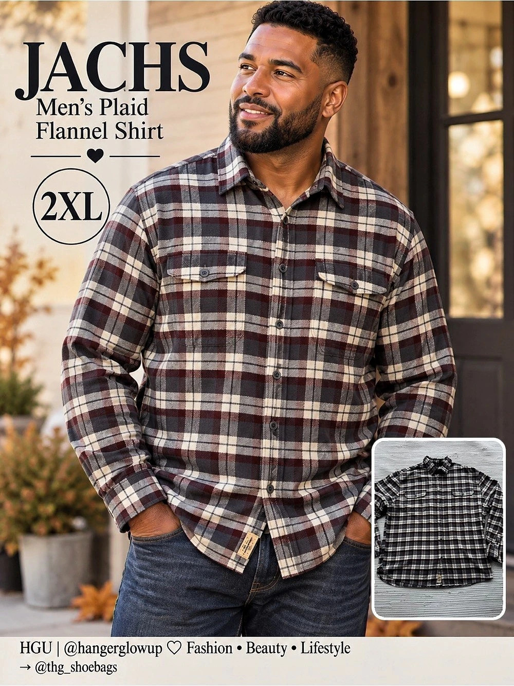 JACHS Men’s Plaid Flannel Shirt Gray Burgundy Cream 100% Cotton 2XL